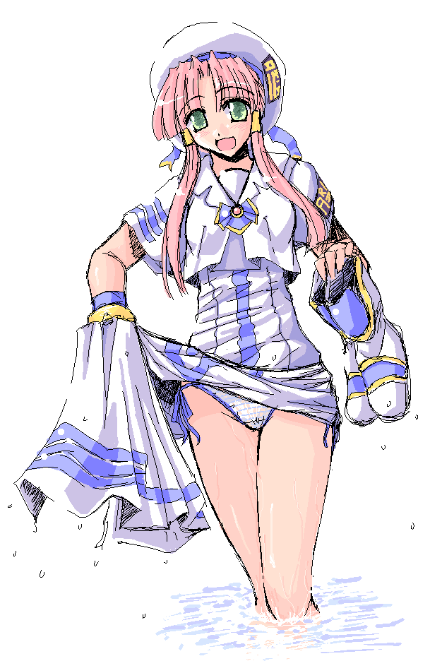soushin souma, mizunashi akari, aria (manga), 00s, 1girl, blouse, blue panties, clothes lift, dress, dress lift, female focus, happy, hat, panties, pantyshot, pink hair, ribbon, shirt, short hair with long locks, side-tie panties, sidelocks, sketch, skirt, skirt hold, skirt lift, smile, solo, standing, striped clothes, striped panties, underwear, upskirt, water, wet, wet clothes, white shirt