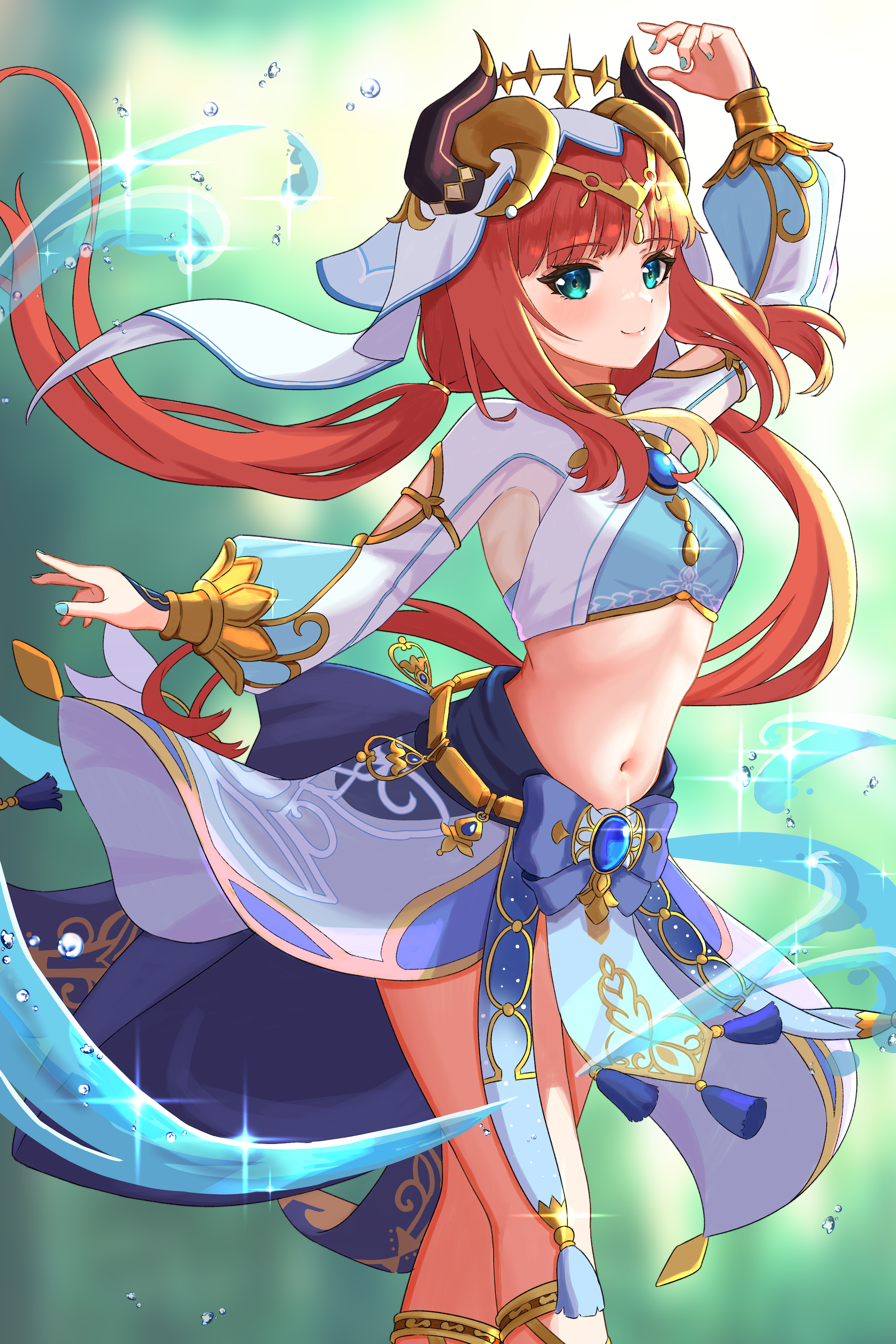 emobico, nilou (genshin impact), genshin impact, absurdres, commentary request, highres, partial commentary, 1girl, aqua eyes, arm up, black horns, blue brooch, blue skirt, breasts, brooch, closed mouth, crop top, dancing, fake horns, feet out of frame, gladiator sandals, gold trim, green background, harem outfit, horns, hydrokinesis, jewelry, long hair, long sleeves, looking at viewer, low twintails, midriff, navel, puffy long sleeves, puffy sleeves, red hair, sandals, skirt, small breasts, smile, solo, stomach, twintails, veil, water, white veil