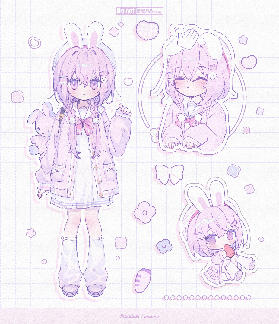 d omm, original, braided twintails, 1girl, bow, braid, cardigan, full body, long hair, long sleeves, looking at viewer, low twin braids, low twintails, pink cardigan, pink eyes, pink hair, school uniform, solo, twin braids, twintails, very long hair