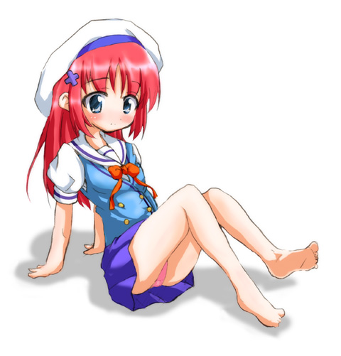 kozimaki, shirakawa kotori, da capo, da capo i, 00s, 1girl, arm support, barefoot, beret, blouse, blue eyes, blush, bow, bowtie, breasts, feet, female focus, hair ornament, hairclip, hat, long hair, miniskirt, panties, pantyshot, pink panties, red hair, shirt, sitting, skirt, small breasts, solo, underwear, upskirt, vest