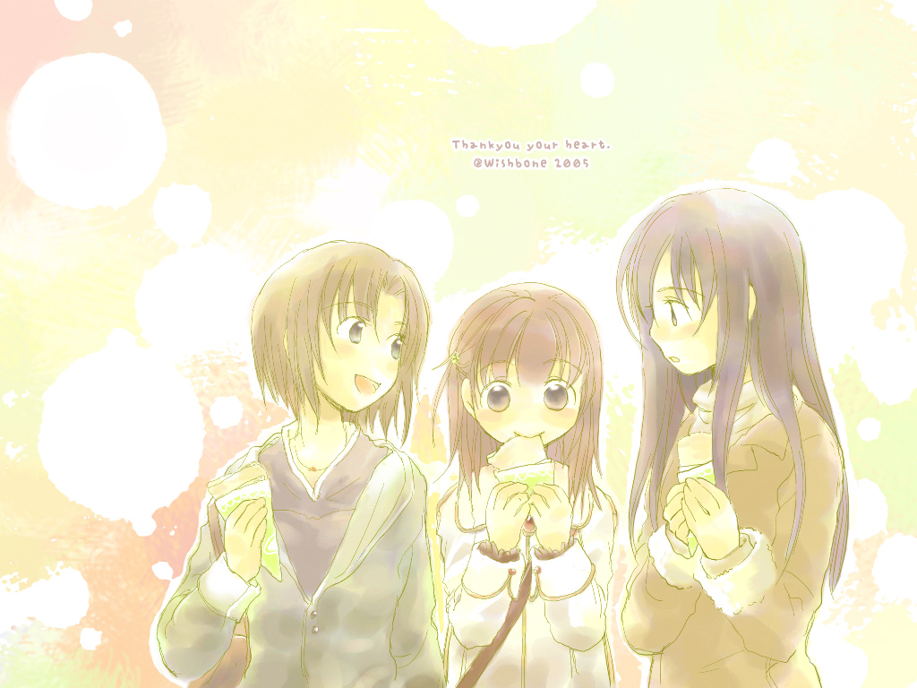 fukuzawa yumi, mizuno youko, ogasawara sachiko, maria-sama ga miteru, 00s, 2005, 3girls, alternate hairstyle, black hair, blush, brown hair, casual, coat, crepe, dated, eating, english text, engrish text, food, hair between eyes, hair down, jewelry, long hair, looking at another, multiple girls, one side up, pendant, ranguage, short hair, smile, talking, very long hair