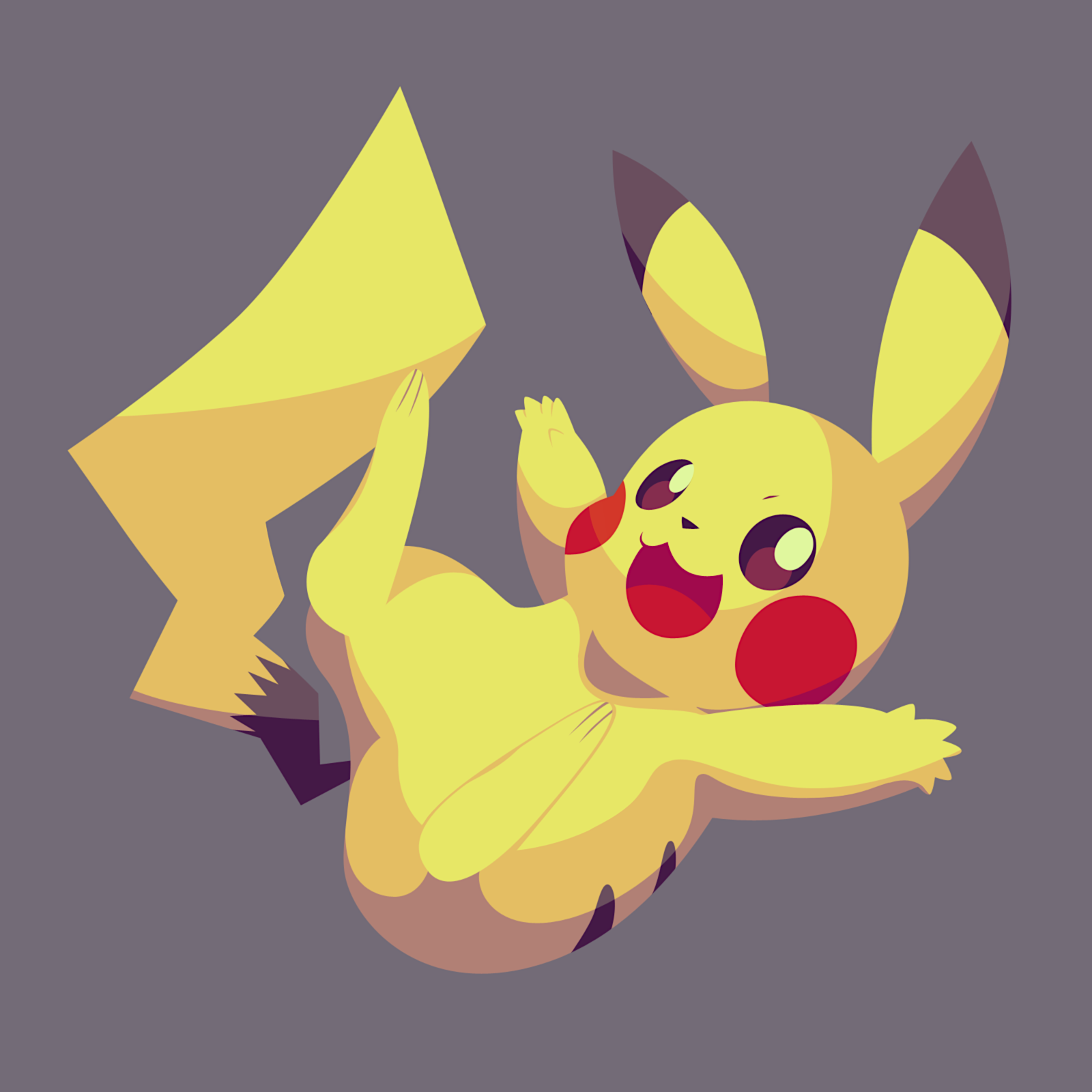 hisashi999, pikachu, nintendo, pokemon, commentary, highres, :3, bright pupils, full body, gen 1 pokemon, grey background, no humans, open mouth, outstretched arms, pokemon (creature), simple background, solo, spread arms, white pupils