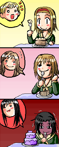 hasekura rei, mizuno youko, ogasawara sachiko, satou sei, torii eriko, toudou shimako, maria-sama ga miteru, lowres, 00s, 3girls, bad food, blonde hair, cake, comic, food, multiple girls, oekaki, school uniform, serafuku, silent comic