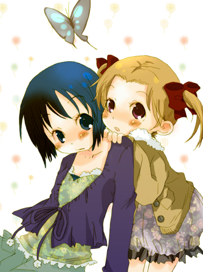 itou nobue, matsuoka miu, ichigo mashimaro, 2girls, blush, bug, butterfly, child, hiding, long sleeves, multiple girls, standing