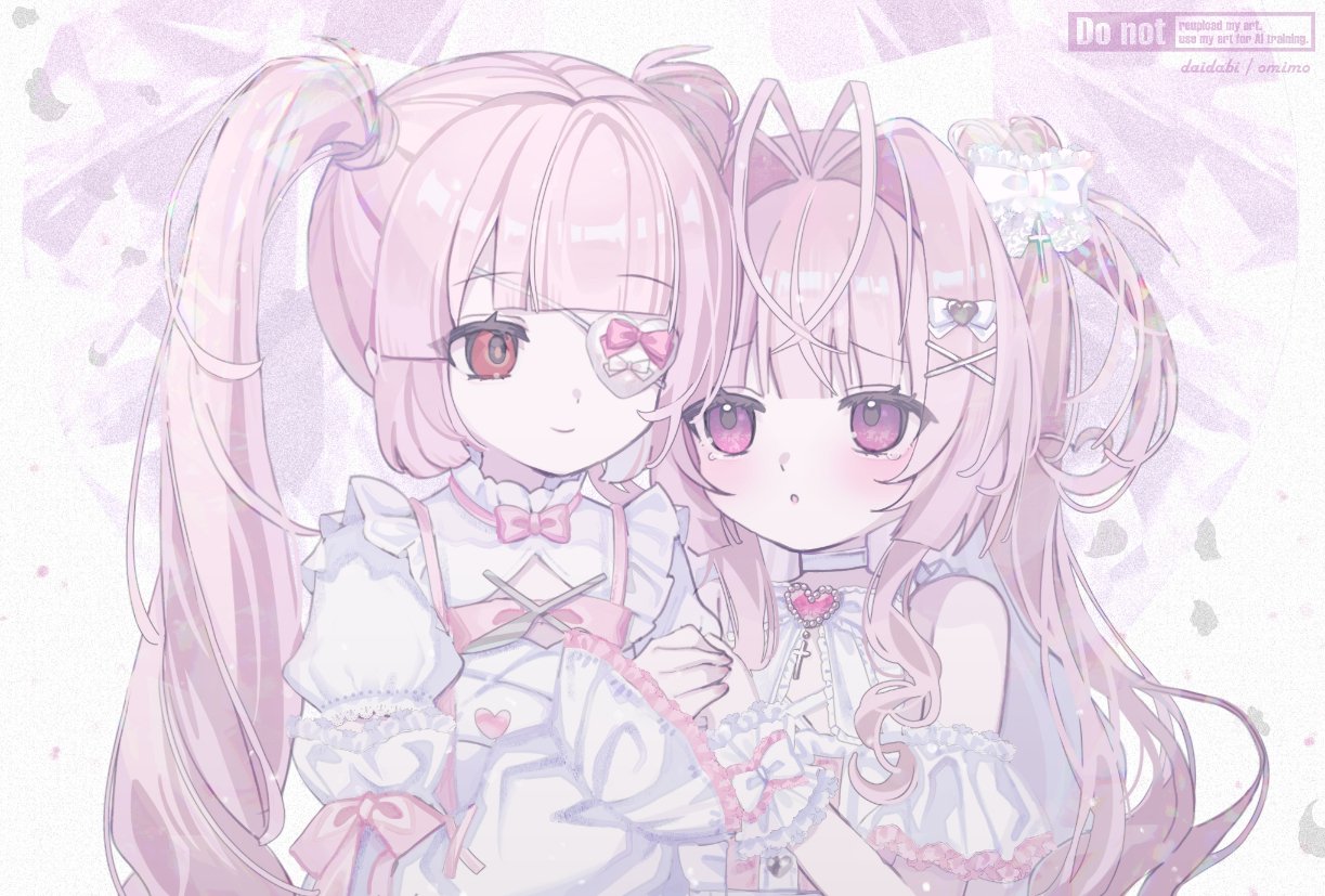 d omm, original, character request, check character, check copyright, commission, copyright request, duplicate, skeb commission, 2girls, bow, brooch, eyepatch, hair between eyes, hair ornament, heart, heart brooch, hime cut, jewelry, lolita fashion, long hair, looking at viewer, multiple girls, pink eyes, pink hair, red eyes, smile, twintails, two side up, upper body
