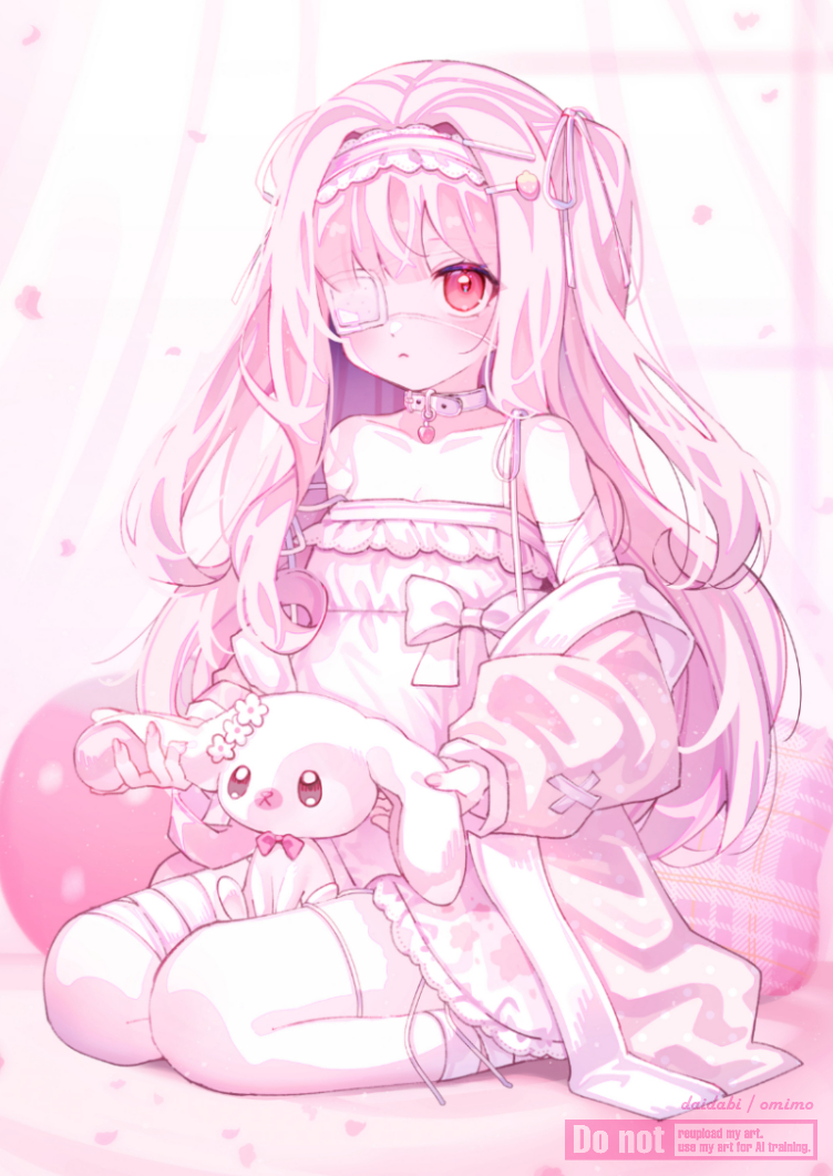 d omm, original, commentary, commission, english commentary, skeb commission, 1girl, :<, bandaged arm, bandaged leg, bandages, bare shoulders, bow, breasts, cleavage, closed mouth, collar, collarbone, curtains, dress, english text, eyepatch, flower, food-themed hair ornament, frown, hair intakes, hair ornament, hair ribbon, hairclip, indoors, jacket, light particles, long hair, maid headdress, medical eyepatch, open clothes, open jacket, pink hair, pink jacket, pink nails, pink theme, polka dot, polka dot jacket, red bow, red eyes, ribbon, sitting, small breasts, solo, strapless, strapless dress, strawberry hair ornament, stuffed animal, stuffed rabbit, stuffed toy, two side up, very long hair, watermark, white collar, white dress, white flower, white ribbon
