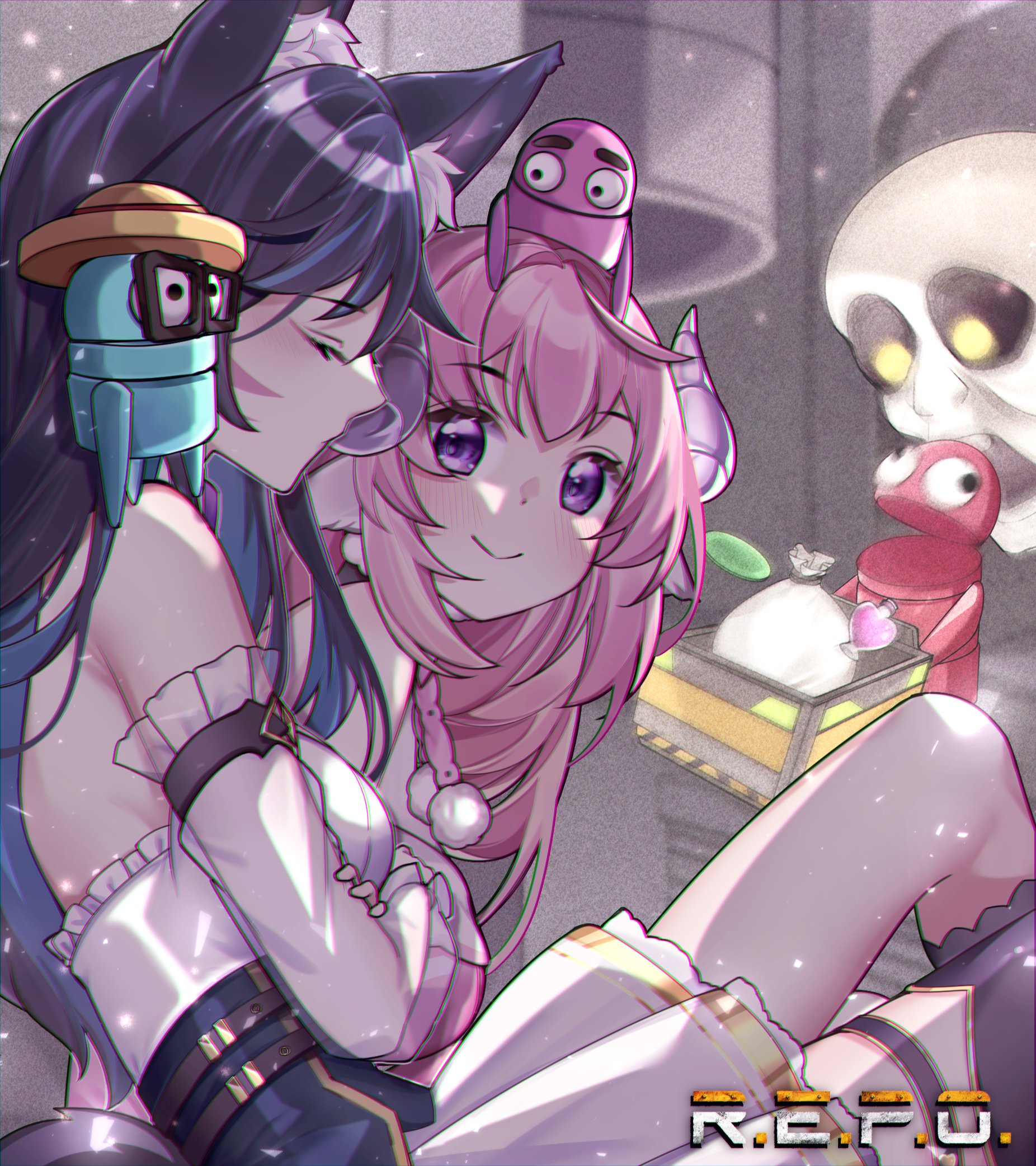 mou niu, semibot, yan hua (vtuber), indie virtual youtuber, r.e.p.o., chinese commentary, commentary request, highres, 2girls, ahoge, animal ear fluff, animal ears, arm belt, armpit crease, asymmetrical legwear, bare shoulders, black hair, black socks, black thighhighs, blue hair, blush, bottle, box, breasts, closed eyes, closed mouth, colored inner hair, copyright name, crossed arms, detached sleeves, double-parted bangs, dress, facial mark, fox ears, fox girl, frilled dress, frills, from side, hair intakes, holding, holding box, horns, indoors, leaning forward, light particles, long hair, long sleeves, looking at viewer, looking to the side, medium breasts, multicolored hair, multiple girls, pink hair, pom pom (clothes), profile, purple eyes, purple horns, qttsix (vtuber), raised eyebrows, sack, sheep ears, sheep girl, sheep horns, short dress, side-by-side, sidelocks, single sock, single thighhigh, sitting, skull, sleeping, sleeping upright, sleeveless, sleeveless dress, smile, socks, streaked hair, thighhighs, turning head, uneven legwear, virtual youtuber, white dress