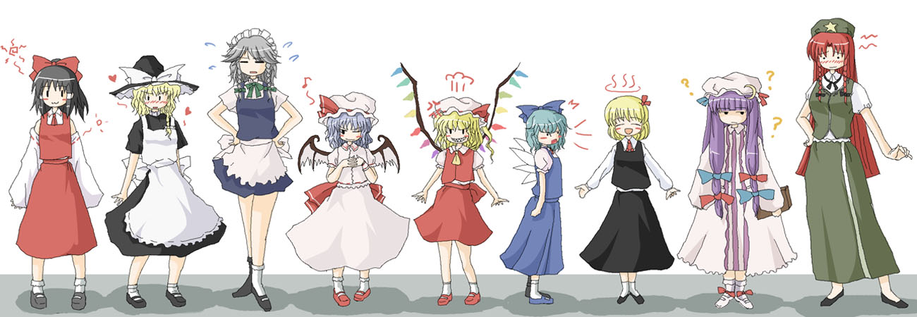 akatuki (yamina), cirno, flandre scarlet, hakurei reimu, hong meiling, izayoi sakuya, kirisame marisa, patchouli knowledge, remilia scarlet, rumia, embodiment of scarlet devil, touhou, silver hair, 6+girls, :3, ?, ^^^, ^ ^, angry, apron, ascot, bat wings, black hair, blonde hair, blue hair, blush, blush stickers, book, bow, braid, china dress, chinese clothes, closed eyes, crescent, detached sleeves, dress, embarrassed, everyone, evil grin, evil smile, female focus, grin, hair bow, hair ribbon, hand on own hip, hat, hat bow, lineup, long hair, long sleeves, maid, maid apron, maid headdress, mary janes, mob cap, multiple girls, night clothes, one eye closed, one side up, open mouth, purple hair, red eyes, red hair, ribbon, shoes, short hair, siblings, side ponytail, sidelocks, sisters, smile, star (symbol), tress ribbon, twin braids, wings, wink, witch hat