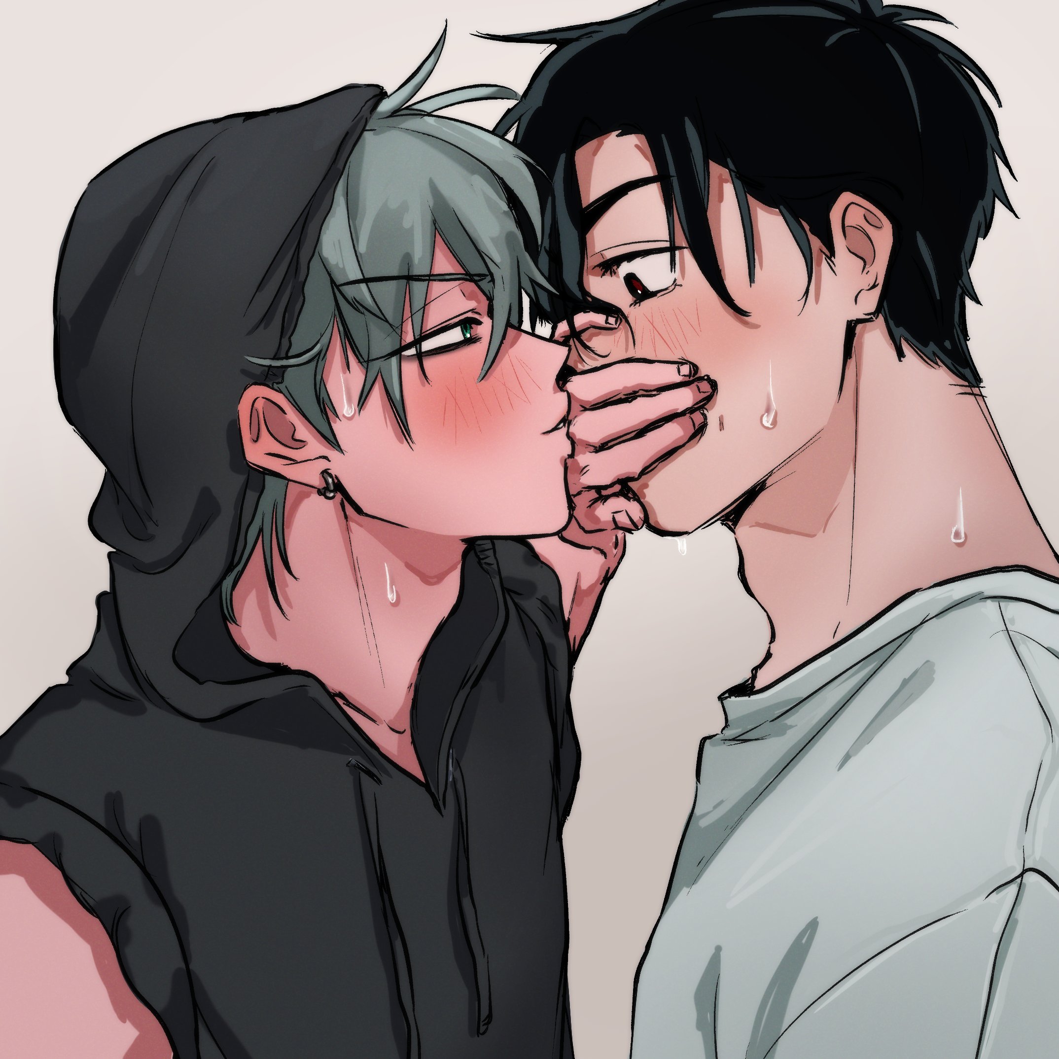br3adhouse, ivan (alien stage), till (alien stage), alien stage, commentary, hashtag-only commentary, highres, 2boys, black eyes, black hoodie, covering another's mouth, earrings, green eyes, grey hair, hood, hoodie, jewelry, male focus, multiple boys, shirt, short hair, sleeveless, sleeveless hoodie, white shirt