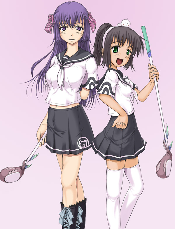 hana, otsutama takashi, arin (pangya), hana (pangya), pangya, 2girls, black hair, boots, golf club, green eyes, hair ribbon, hairband, happy, long hair, multiple girls, pleated skirt, purple eyes, purple hair, ribbon, school uniform, serafuku, short hair, skirt, smile, thighhighs, white thighhighs, zettai ryouiki