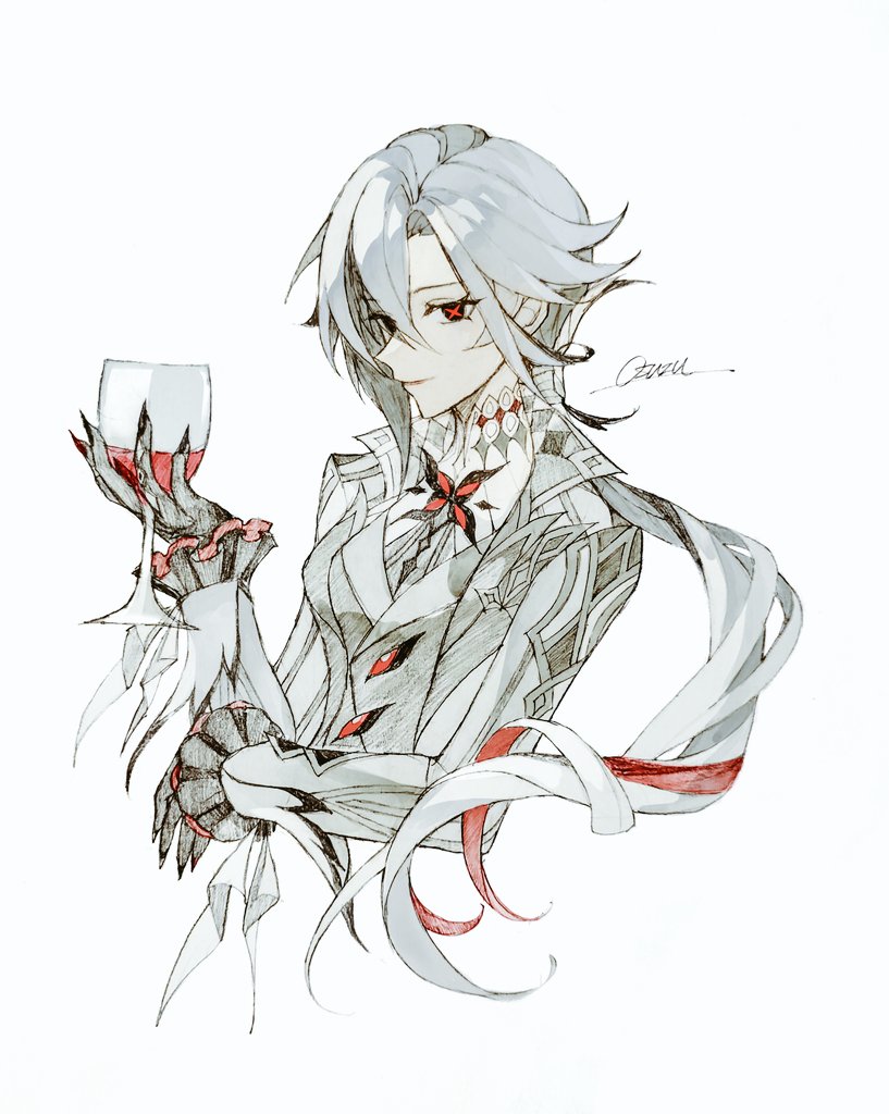 osuzu0613, arlecchino (genshin impact), genshin impact, 1girl, alcohol, black eyes, black hands, breasts, colored extremities, cropped torso, cup, drinking glass, fingernails, frilled cuffs, grey hair, hair between eyes, holding, holding cup, jacket, long fingernails, long hair, looking at viewer, medium breasts, nail polish, ponytail, red wine, sideways glance, simple background, smile, solo, symbol-shaped pupils, upper body, white background, white jacket, wine, wine glass, x-shaped pupils