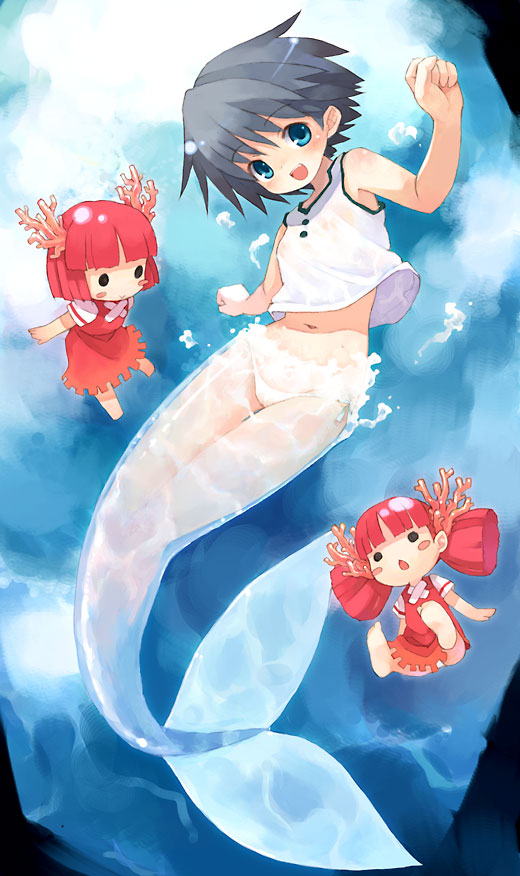 kito (sorahate), original, 3girls, :d, arms up, black hair, blue eyes, blush, blush stickers, chestnut mouth, coral, head tilt, looking at viewer, lowleg, lowleg panties, mermaid, monster girl, multiple girls, navel, open mouth, panties, red hair, see-through clothes, shirt, short hair, sleeveless, sleeveless shirt, smile, solid circle eyes, thigh gap, transformation, underwater, underwear, white panties