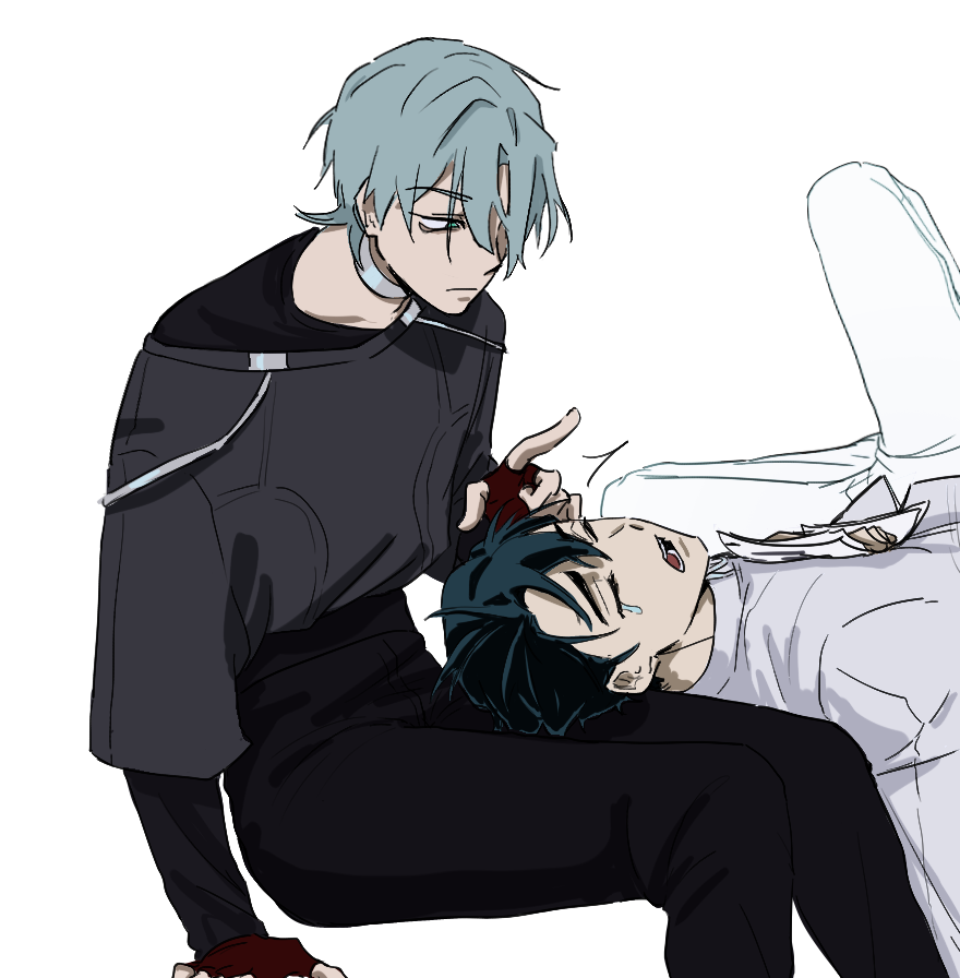 br3adhouse, ivan (alien stage), till (alien stage), alien stage, 2boys, black hair, black pants, black shirt, closed eyes, fingerless gloves, gloves, green eyes, grey hair, lap pillow, layered shirt, lying, male focus, multiple boys, on back, open mouth, pants, red gloves, shirt, single tear, sitting, white pants, white shirt