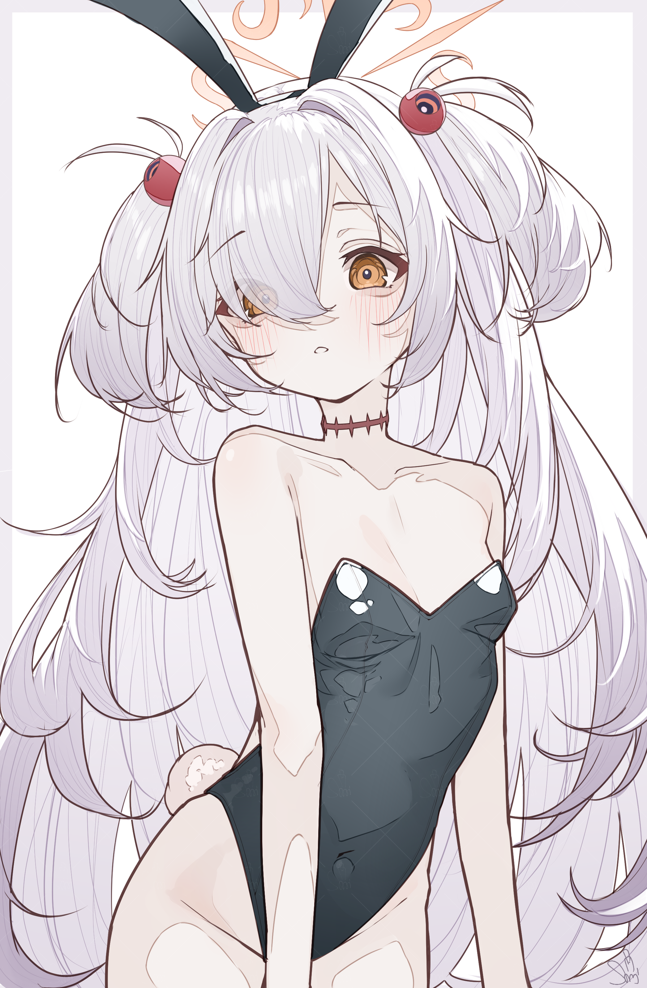 tachibana shiori (suica 112), kanoe (blue archive), blue archive, absurdres, commentary request, highres, partial commentary, 1girl, animal ear hairband, animal ears, bare shoulders, black hairband, black leotard, blush, breasts, brown eyes, brown halo, covered navel, eyes visible through hair, fake animal ears, fake tail, hair between eyes, hair over one eye, hairband, halo, hands out of frame, highleg, highleg leotard, leotard, loli, long hair, looking at viewer, parted lips, playboy bunny, rabbit ears, rabbit tail, scar, scar on neck, simple background, small breasts, solo, standing, tail, thighs, very long hair, white background