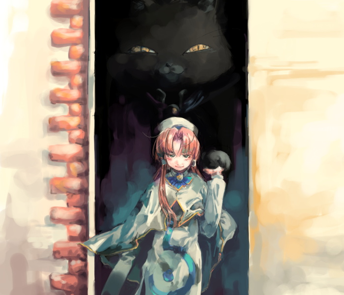 myu, cait sith (aria), mizunashi akari, aria (manga), 00s, 1girl, cat, doorway, female focus, giant cat, hat, high collar, pink hair, short hair with long locks, sidelocks, smile, solo, standing