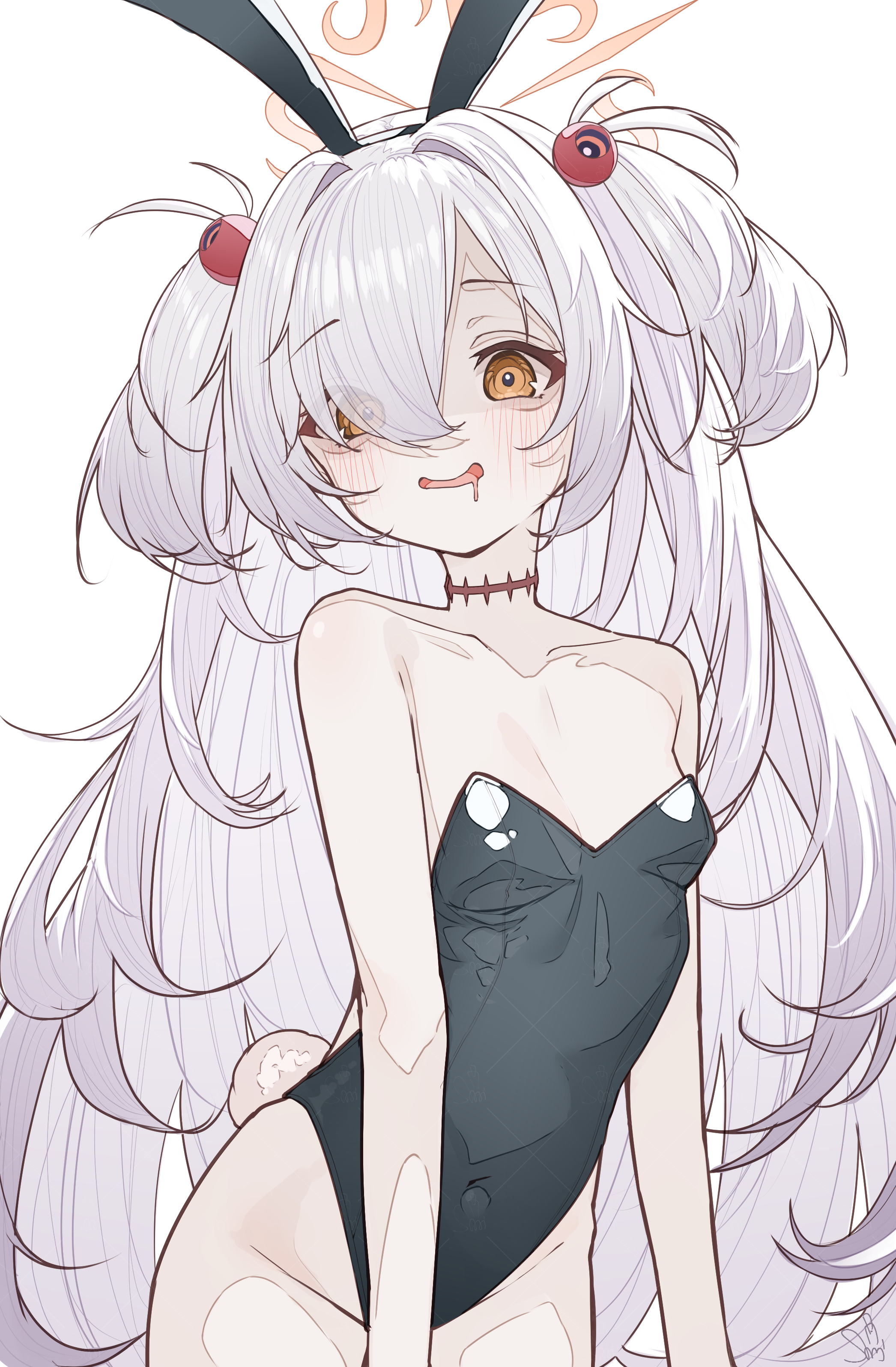 tachibana shiori (suica 112), kanoe (blue archive), blue archive, absurdres, highres, 1girl, animal ears, black leotard, breasts, fake animal ears, halo, leotard, long hair, playboy bunny, rabbit ears, rabbit tail, simple background, small breasts, solo, tail, white background