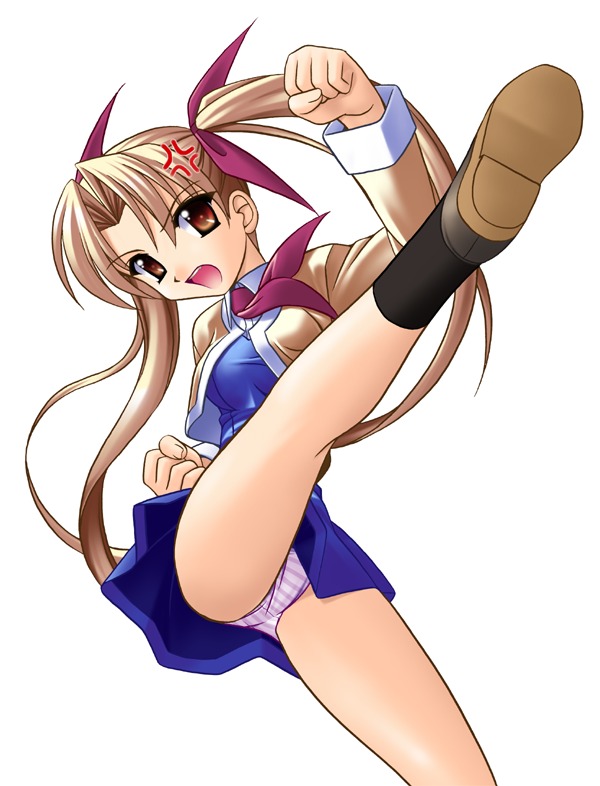 black socks, blonde hair, blue panties, brown eyes, dress, dress shirt, hair ribbon, high kick, jacket, kicking, panties, pantyshot, ribbon, shirt, shoes, short dress, socks, solo, striped clothes, striped panties, underwear, upskirt