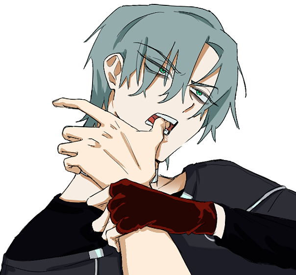 br3adhouse, till (alien stage), alien stage, bad id, bad twitter id, 1boy, 1other, black shirt, finger in another's mouth, fingerless gloves, gloves, green eyes, grey hair, male focus, open mouth, red gloves, shirt, short hair, solo focus