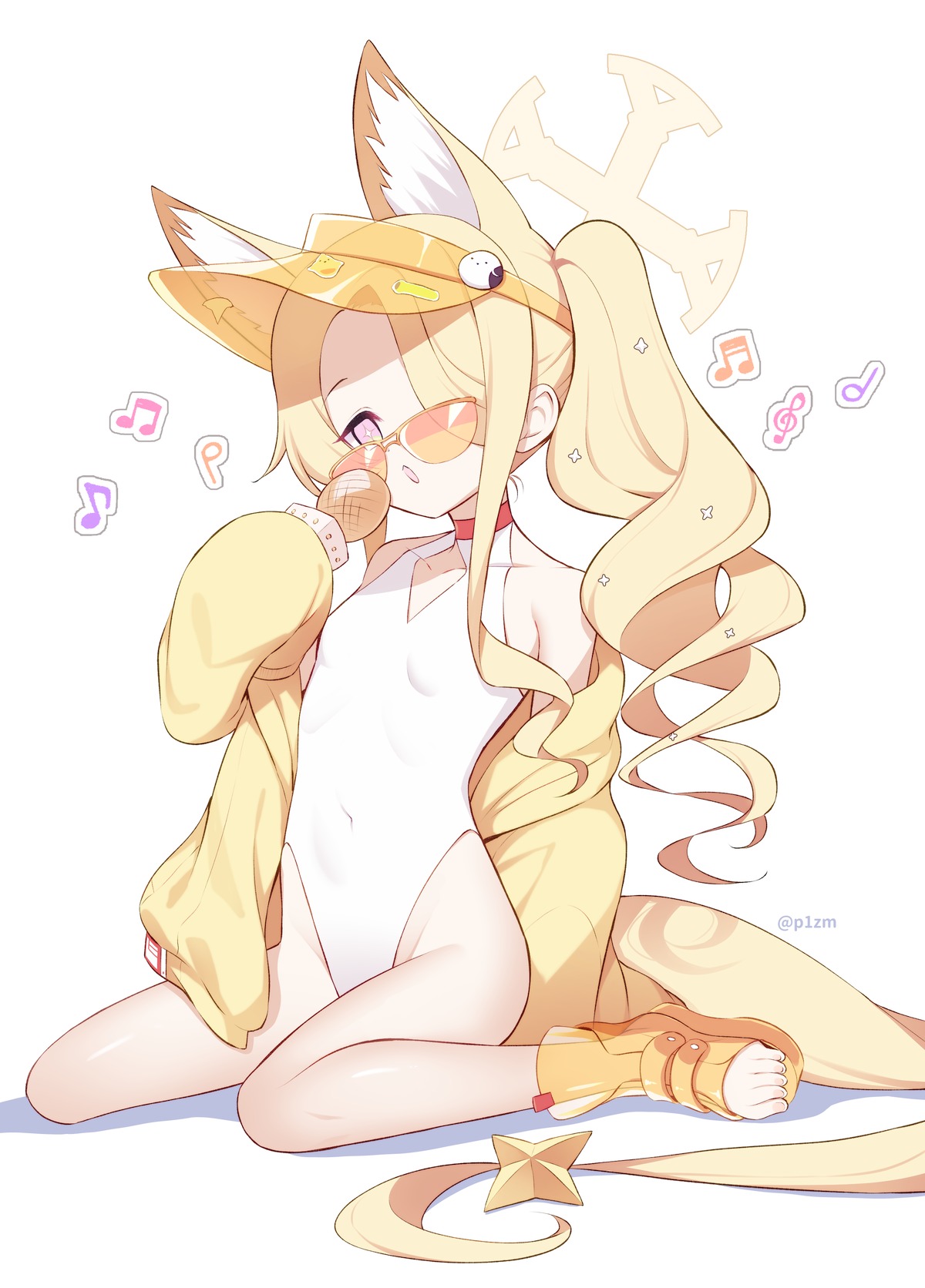 komi zumiko, seia (blue archive), seia (swimsuit) (blue archive), blue archive, highres, 1girl, :o, animal ear fluff, animal ears, bare legs, bare shoulders, blonde hair, breasts, covered navel, cross halo, diamond cutout, extra ears, feet, fox ears, fox girl, fox tail, gradient eyes, hair over one eye, halo, hand up, highleg, highleg one-piece swimsuit, holding, holding microphone, jacket, loli, long hair, long sleeves, microphone, multicolored eyes, music, musical note, off shoulder, official alternate costume, one-piece swimsuit, one eye covered, sandals, side ponytail, simple background, singing, sitting, small breasts, solo, star-shaped pupils, star (symbol), sunglasses, swimsuit, symbol-shaped pupils, tail, tail ornament, thighs, toenails, toes, very long hair, very long tail, visor cap, wariza, white background, yellow halo, yellow jacket, yellow sandals, yellow visor