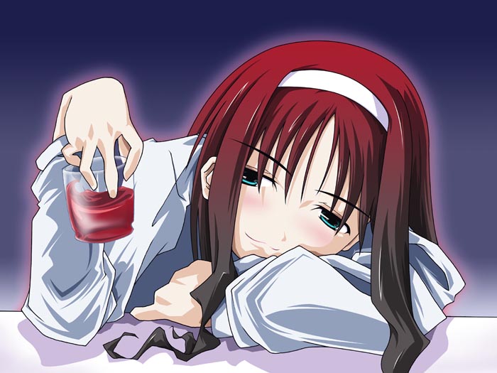 kyoko nagase, tohno akiha, melty blood, tsukihime, type-moon, 00s, 1girl, :3, black hair, blood, blue background, drunk, female focus, gradient hair, headband, multicolored hair, red hair, simple background, solo, two-tone hair