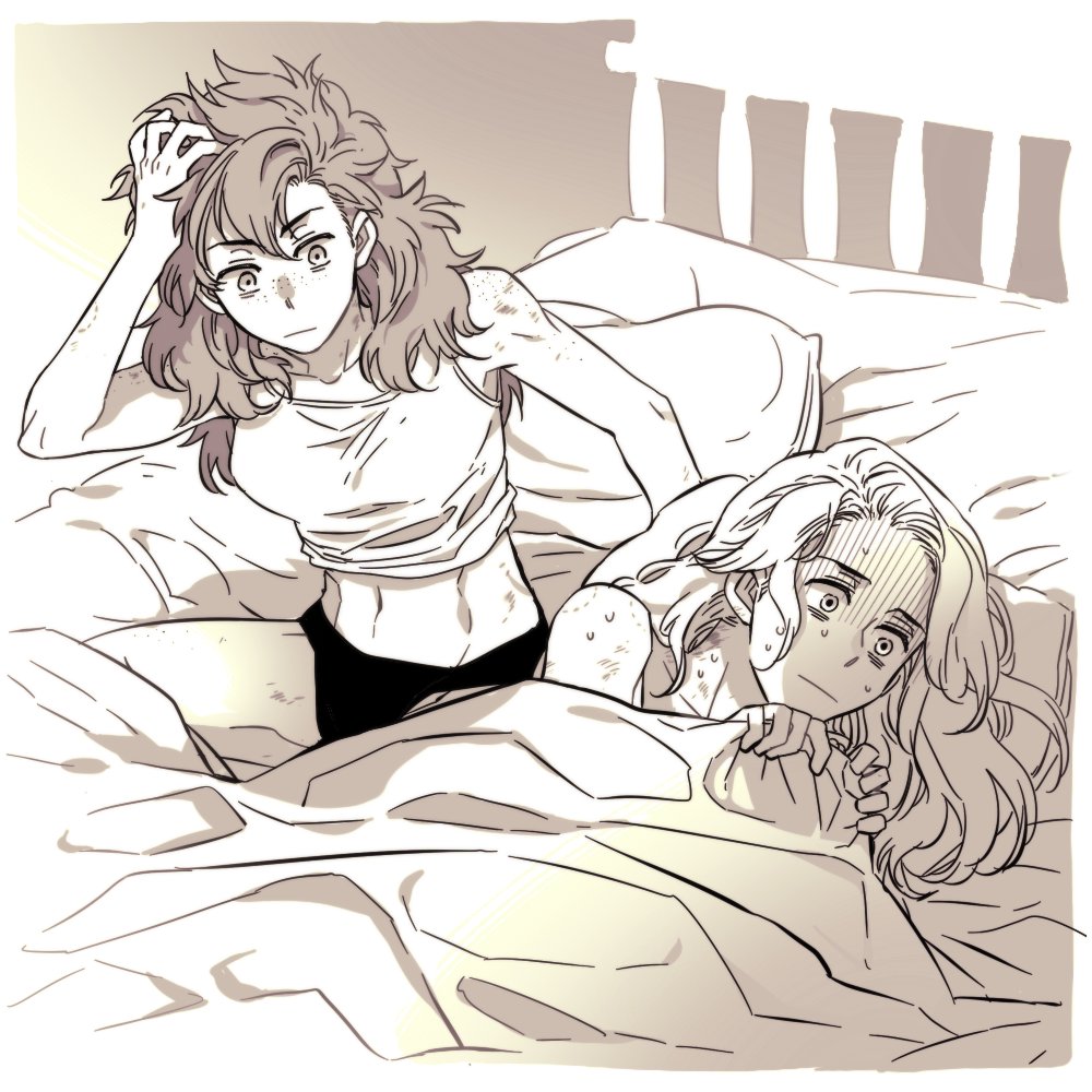original, fluffy hair, commentary request, korean commentary, 2girls, :|, arm up, bed, bite mark, bite mark on arm, bite mark on shoulder, closed mouth, collarbone, expressionless, forehead, forehead blush, freckles, hand in own hair, implied nudity, long hair, looking at another, lying, midriff, monochrome, multiple girls, navel, no pants, on bed, on side, panties, pillow, sitting, sweat, tank top, ul (4a7000), under covers, underwear, yuri