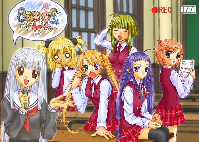 aisaka sayo, ayase yue, kagurazaka asuna, kufei, mahora baka rangers, nagase kaede, sasaki makie, mahou sensei negima!, black legwear, silver hair, 00s, 6+girls, :<, :d, ahoge, bakaranger, blonde hair, blunt bangs, blurry, blush, braid, brown eyes, classroom, depth of field, desk, fang, flute, from behind, green eyes, green hair, hair ornament, hair ribbon, heterochromia, indoors, instrument, juice, juice box, long hair, looking at viewer, looking back, multiple girls, necktie, o o, on desk, open mouth, orange hair, plaid clothes, plaid skirt, pleated skirt, purple eyes, purple hair, recorder, red eyes, ribbon, school, school uniform, scrunchie, serafuku, short hair, short twintails, sitting, skirt, smile, standing, thighhighs, twintails, vest, window, zettai ryouiki