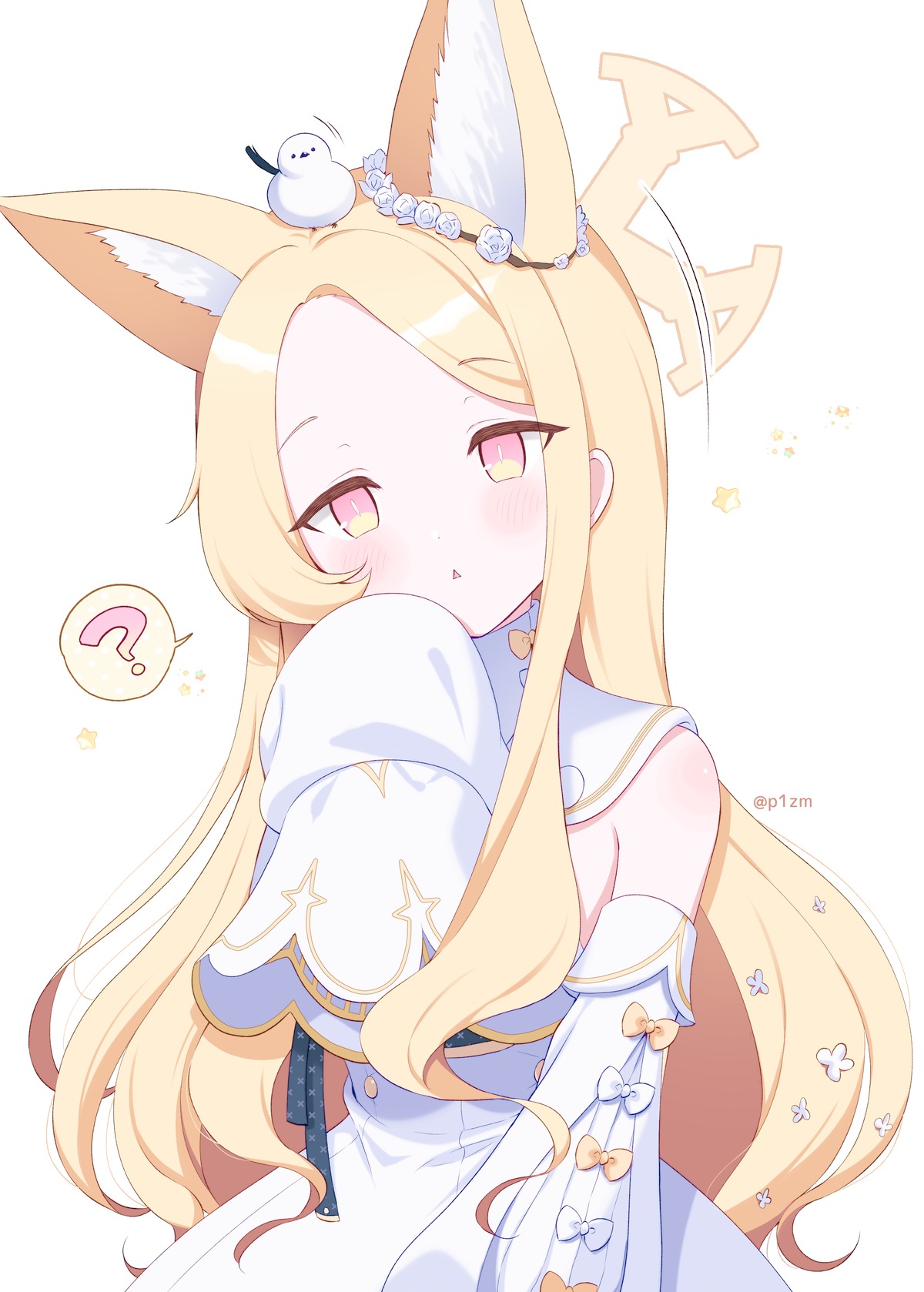 komi zumiko, seia (blue archive), blue archive, highres, 1girl, ?, animal ears, bird, blonde hair, detached sleeves, dress, fox ears, halo, long hair, sleeves past fingers, sleeves past wrists, solo, white dress