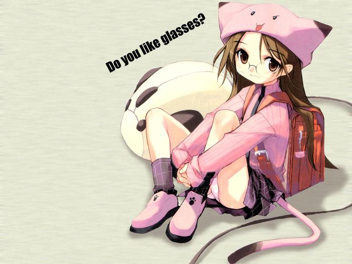 e=mc2 (mosimosi), original, plaid legwear, 1girl, animal ears, animal hat, backpack, bag, brown eyes, brown hair, cat ears, cat tail, computer mouse, female focus, full body, glasses, hat, looking at viewer, miniskirt, mouse (animal), necktie, panties, pantyshot, paw print, plaid clothes, plaid skirt, pleated skirt, randoseru, school uniform, serafuku, shoes, simple background, sitting, skirt, socks, solo, sweater, tail, underwear, white panties