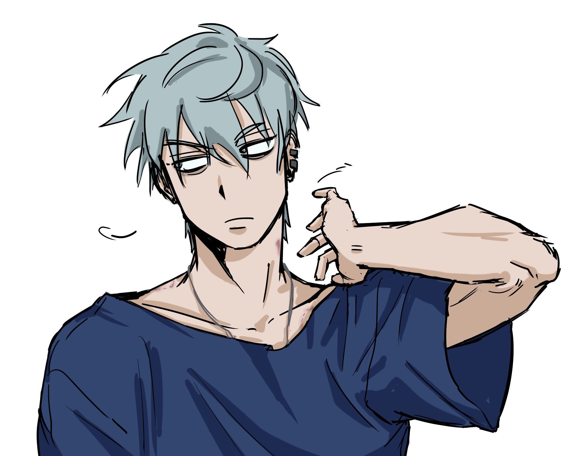 br3adhouse, till (alien stage), alien stage, commentary, english commentary, highres, 1boy, blue shirt, ear piercing, grey hair, male focus, piercing, portrait, shirt, short hair, short sleeves, simple background, solo, white background