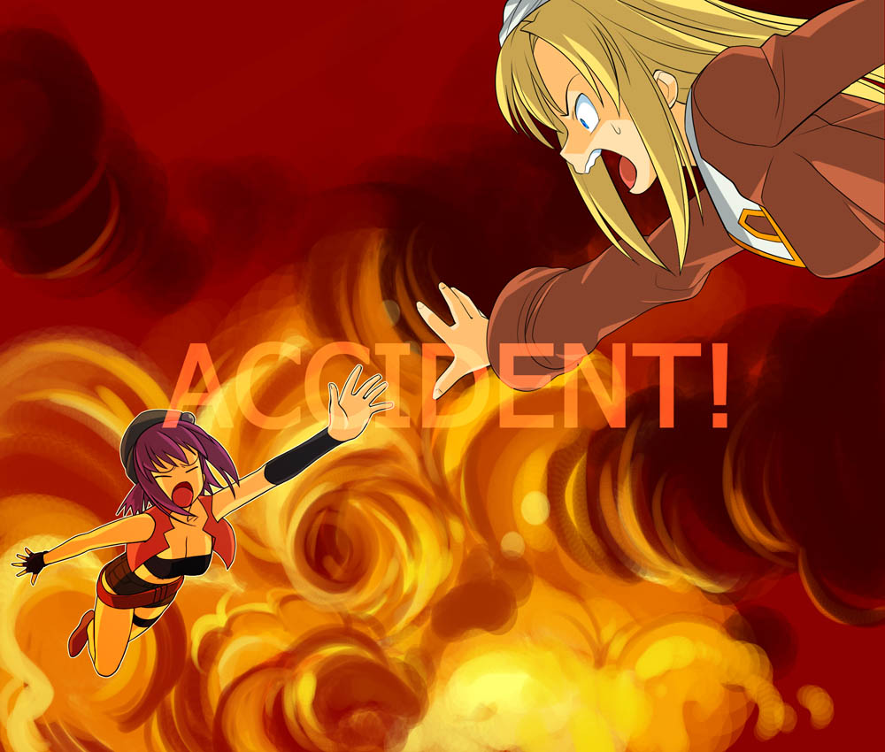 a1 (initial-g), layla hamilton, naegino sora, idolmaster, idolmaster (classic), idolmaster 1, kaleido star, habit, > <, 2girls, belt, beret, blonde hair, closed eyes, english text, falling, fingerless gloves, fire, gloves, hat, long hair, looking at another, multiple girls, parody, puffy sleeves, purple hair, reaching, short hair, short shorts, shorts, single glove, sleeveless, strapless, sweat, tube top