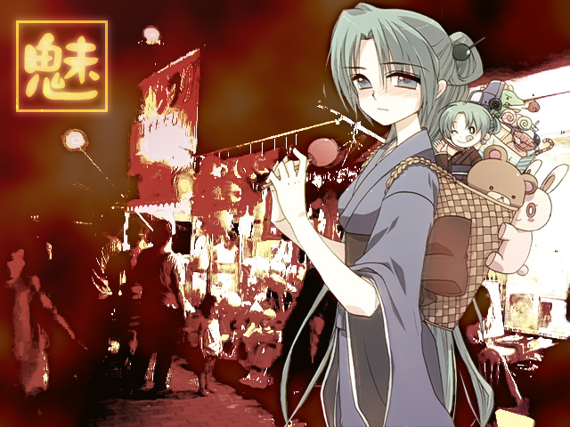 fujitaka (akasora), fujitaka akasora, sonozaki akane, sonozaki mion, higurashi no naku koro ni, 00s, 1girl, candy apple, female focus, festival, food, japanese clothes, obi, sash, solo, summer festival
