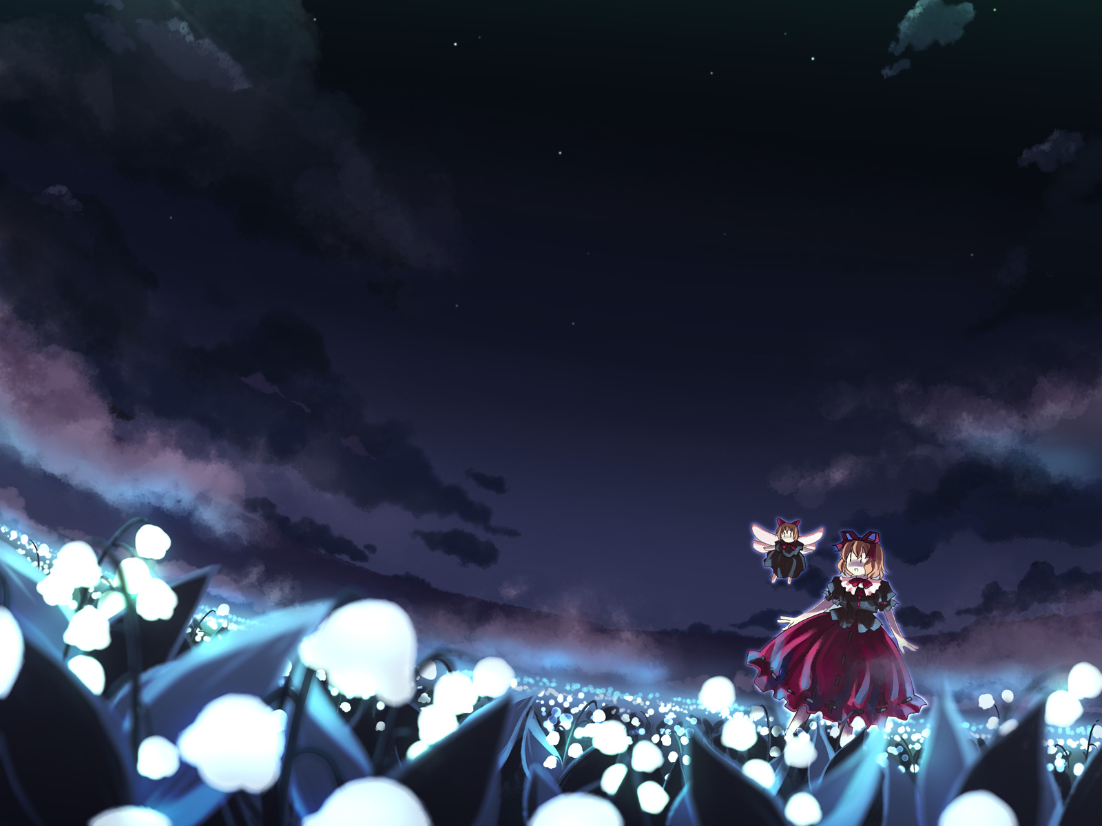 studio sdt, yuuki tatsuya, medicine melancholy, su-san, touhou, highres, 1girl, female focus, field, flower, flower field, glowing, landscape, lily of the valley, night, night sky, outdoors, scenery, sky, solo, star (sky)