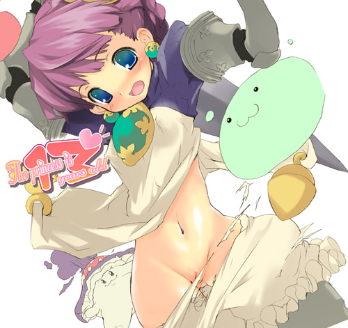 yoshiwo, gradriel, gradriel de valendia, poring, atlus, princess crown, ragnarok online, lowres, 1girl, :3, bloomers, blue eyes, blush, female focus, hip focus, midriff, navel, purple hair, pussy, pussy peek, slime (creature), solo, surprised, torn clothes, uncensored, underwear, white bloomers