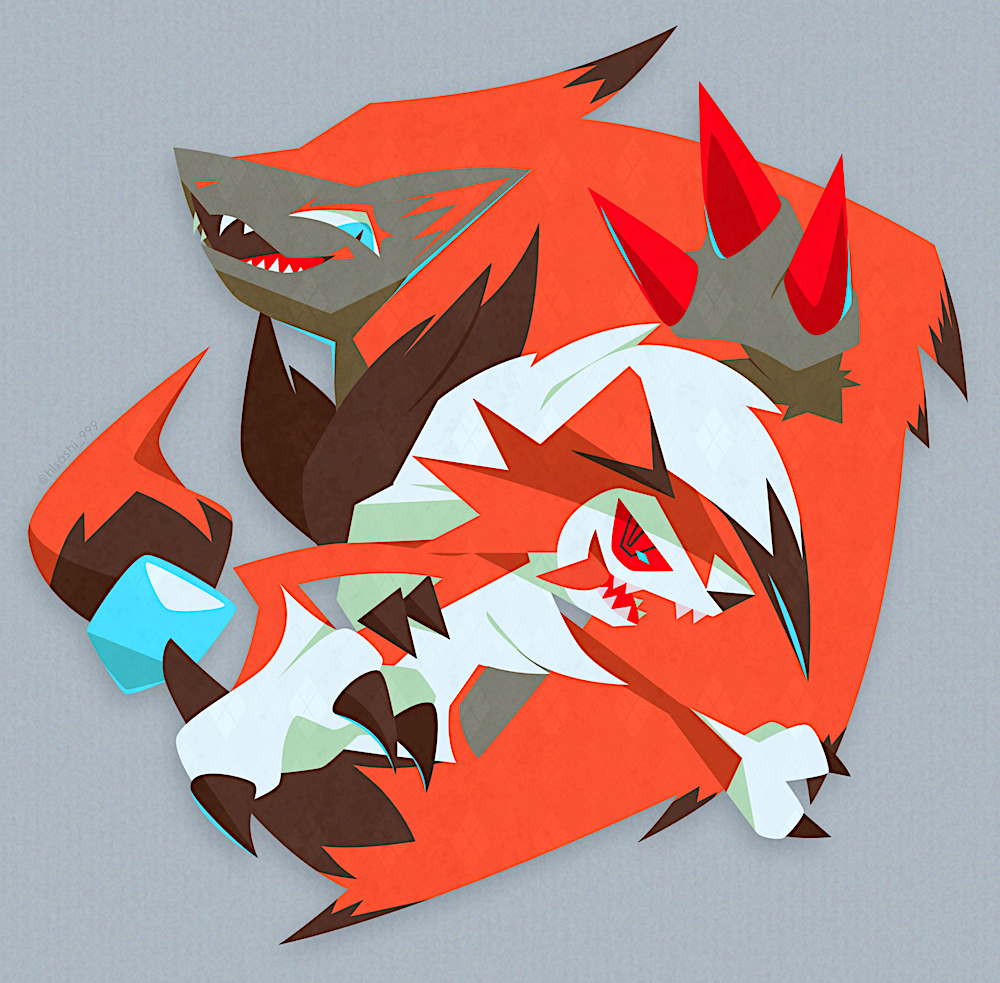 hisashi999, lycanroc, lycanroc (midnight), zoroark, nintendo, original, pokemon, blue eyes, claws, gen 5 pokemon, gen 7 pokemon, grey background, no lineart, open mouth, pokemon (creature), red eyes, sharp teeth, simple background, teeth