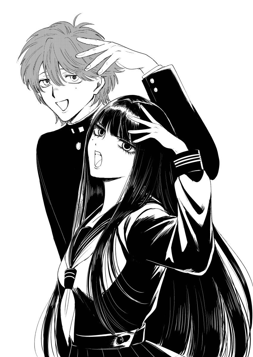 oniyama831, character request, copyright request, highres, 1boy, 1girl, arm up, behind another, blunt bangs, eyelashes, from side, frown, gakuran, greyscale, head tilt, height difference, long hair, looking at viewer, mole, mole under eye, monochrome, neckerchief, open mouth, school uniform, scowl, screentones, serafuku, short hair, smile, teeth, upper body, upper teeth only, very long hair