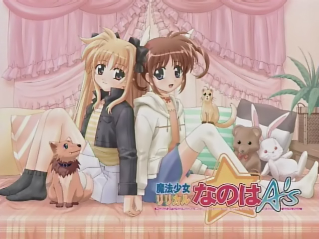 arf, fate testarossa, takamachi nanoha, yuuno scrya, lyrical nanoha, mahou shoujo lyrical nanoha, mahou shoujo lyrical nanoha a's, anime screenshot, 00s, 2girls, blonde hair, blue eyes, bow, brown hair, copyright name, dog, eyecatch, ferret, hair bow, holding hands, logo, long hair, long sleeves, multiple girls, pillow, purple eyes, red eyes, red hair, short twintails, socks, stuffed animal, stuffed rabbit, stuffed toy, tail, teddy bear, thighhighs, twintails