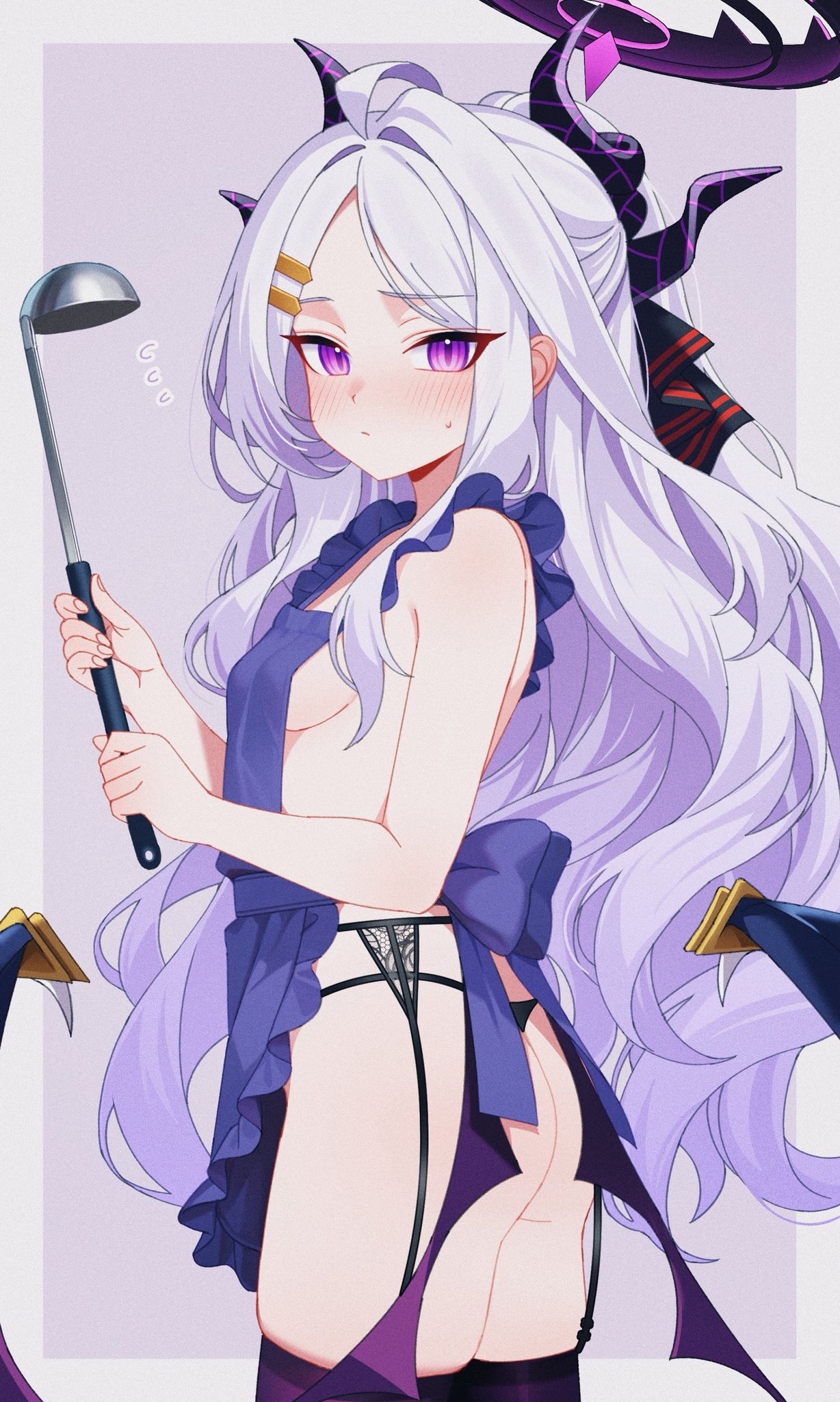 karaage (xxxmido02), hina (blue archive), blue archive, fluffy hair, commentary request, highres, 1girl, ^^^, ahoge, alternate costume, apron, ass, bare shoulders, black garter belt, black garter straps, black halo, black panties, black ribbon, blush, border, breasts, closed mouth, cowboy shot, demon girl, demon horns, demon wings, film grain, flying sweatdrops, forehead, frilled apron, frills, from side, garter belt, garter straps, hair intakes, hair ornament, hair ribbon, hairclip, half updo, halo, hands up, holding, holding ladle, horns, ladle, loli, long hair, looking at viewer, looking to the side, low wings, multiple horns, nearly naked apron, outside border, panties, parallel hairclips, parted bangs, purple apron, purple background, purple eyes, purple hair, purple halo, purple thighhighs, ribbon, sideboob, simple background, small breasts, solo, standing, string panties, sweatdrop, thighhighs, thighs, turning head, underwear, very long hair, wavy hair, white border, wings