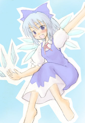 cirno, embodiment of scarlet devil, touhou, lowres, 1girl, :d, blue background, blue dress, blue eyes, blue hair, bow, bowtie, dress, female focus, flying, hair bow, ice, large bow, looking at viewer, matching hair/eyes, open mouth, outline, pale color, shirt, short hair, simple background, smile, solo