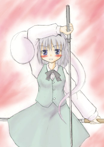 konpaku youmu, konpaku youmu (ghost), touhou, lowres, 1girl, dress, female focus, green dress, hitodama, pale color, pink background, solo