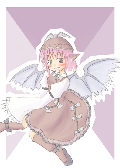 mystia lorelei, touhou, 1girl, animal ears, blush, dress, female focus, fingernails, hat, long fingernails, pale color, pink hair, purple eyes, red eyes, short hair, solo, wide sleeves, wings