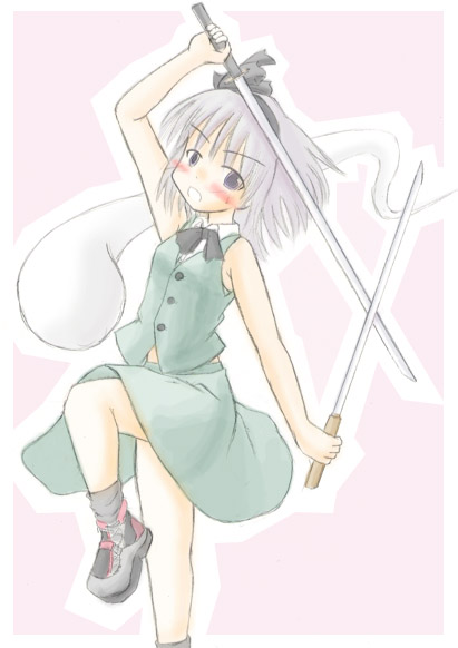 konpaku youmu, konpaku youmu (ghost), touhou, 1girl, blush, female focus, hitodama, katana, pale color, solo, standing, standing on one leg, sword, weapon