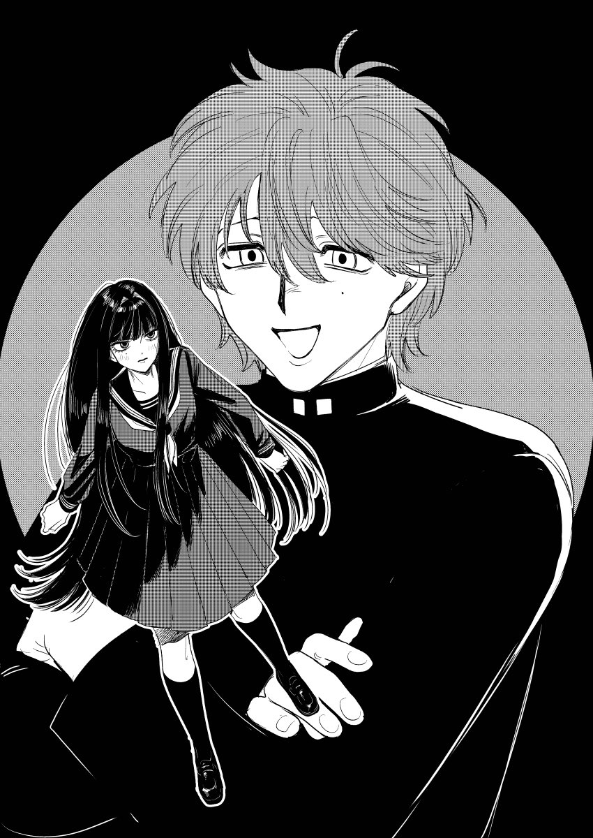 oniyama831, character request, copyright request, highres, 1boy, 1girl, blunt bangs, blush, crossed arms, from above, gakuran, greyscale, kneehighs, light frown, loafers, long hair, looking at another, mole, mole under eye, monochrome, neckerchief, open mouth, pleated skirt, school uniform, screentones, serafuku, shoes, short hair, skirt, smile, socks, very long hair