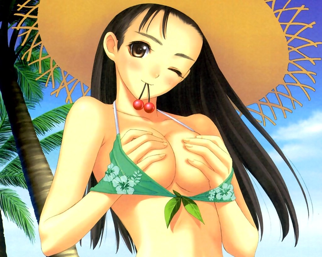 tony taka, 1girl, bikini, black hair, brown eyes, day, female focus, green bikini, hat, long hair, mouth hold, one eye closed, solo, straw hat, swimsuit, wink