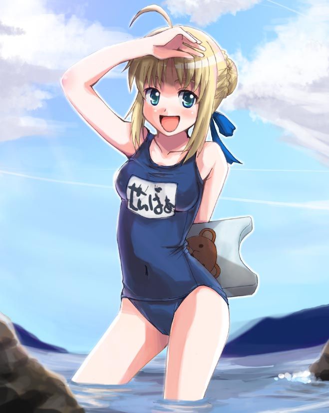 una (dpaxg), artoria pendragon (fate), saber (fate), fate/stay night, fate (series), 00s, 1girl, ahoge, blonde hair, female focus, green eyes, hair ribbon, kickboard, name tag, one-piece swimsuit, open mouth, ribbon, school swimsuit, solo, swimsuit, wading, water