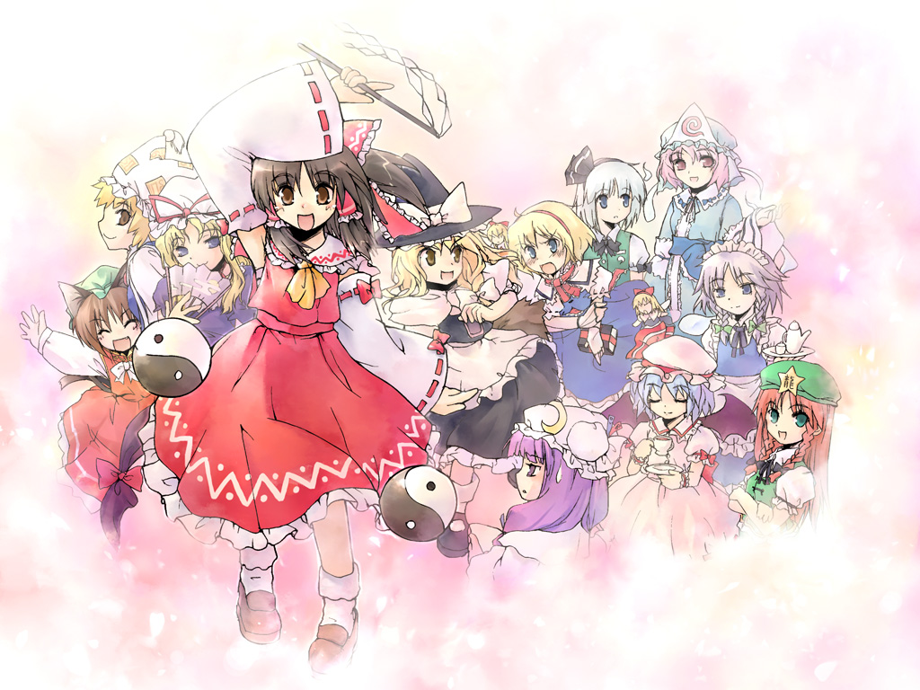kurudaz, alice margatroid, chen, hakurei reimu, hong meiling, hourai doll, izayoi sakuya, kirisame marisa, konpaku youmu, patchouli knowledge, remilia scarlet, saigyouji yuyuko, shanghai doll, yakumo ran, yakumo yukari, touhou, silver hair, 6+girls, animal ears, animal hat, ascot, blonde hair, blue eyes, blush, bow, braid, brown hair, cat ears, cat girl, closed eyes, crescent, crescent hair ornament, crossed arms, cup, detached sleeves, dress, everyone, female focus, folding fan, gohei, hair bow, hair ornament, hair tubes, hairband, hand fan, hat, hat ribbon, hitodama, long hair, long sleeves, maid, maid headdress, mob cap, multiple girls, open mouth, pink eyes, pink hair, purple eyes, purple hair, red dress, red hair, ribbon, shoes, short hair, short sleeves, smile, socks, star (symbol), sweatdrop, tabard, teacup, teapot, triangular headpiece, twin braids, witch hat, yellow eyes, yin yang