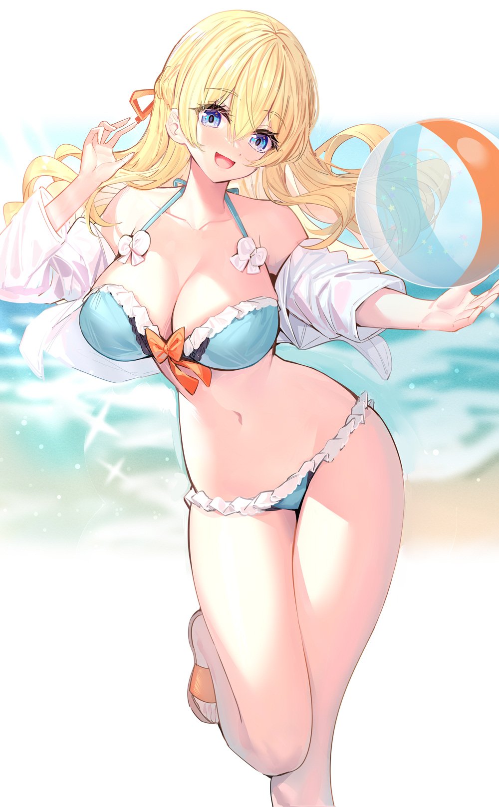 ririko (zhuoyandesailaer), saegusa futaba, original, commentary request, highres, 1girl, :d, ball, bare shoulders, beachball, bikini, bikini under clothes, blonde hair, blue bikini, blue eyes, blurry, blurry background, breasts, brown sandals, cleavage, collarbone, cropped jacket, depth of field, frilled bikini, frills, jacket, large breasts, long sleeves, looking at viewer, navel, off shoulder, open clothes, open jacket, open mouth, sandals, smile, solo, standing, standing on one leg, swimsuit, transparent, water, white jacket