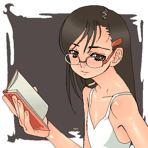 okina ika, claes, gunslinger girl, lowres, 00s, 1girl, book, brown eyes, brown hair, camisole, female focus, flat chest, glasses, hair ornament, hairclip, holding, holding book, long hair, oekaki, shiny skin, solo