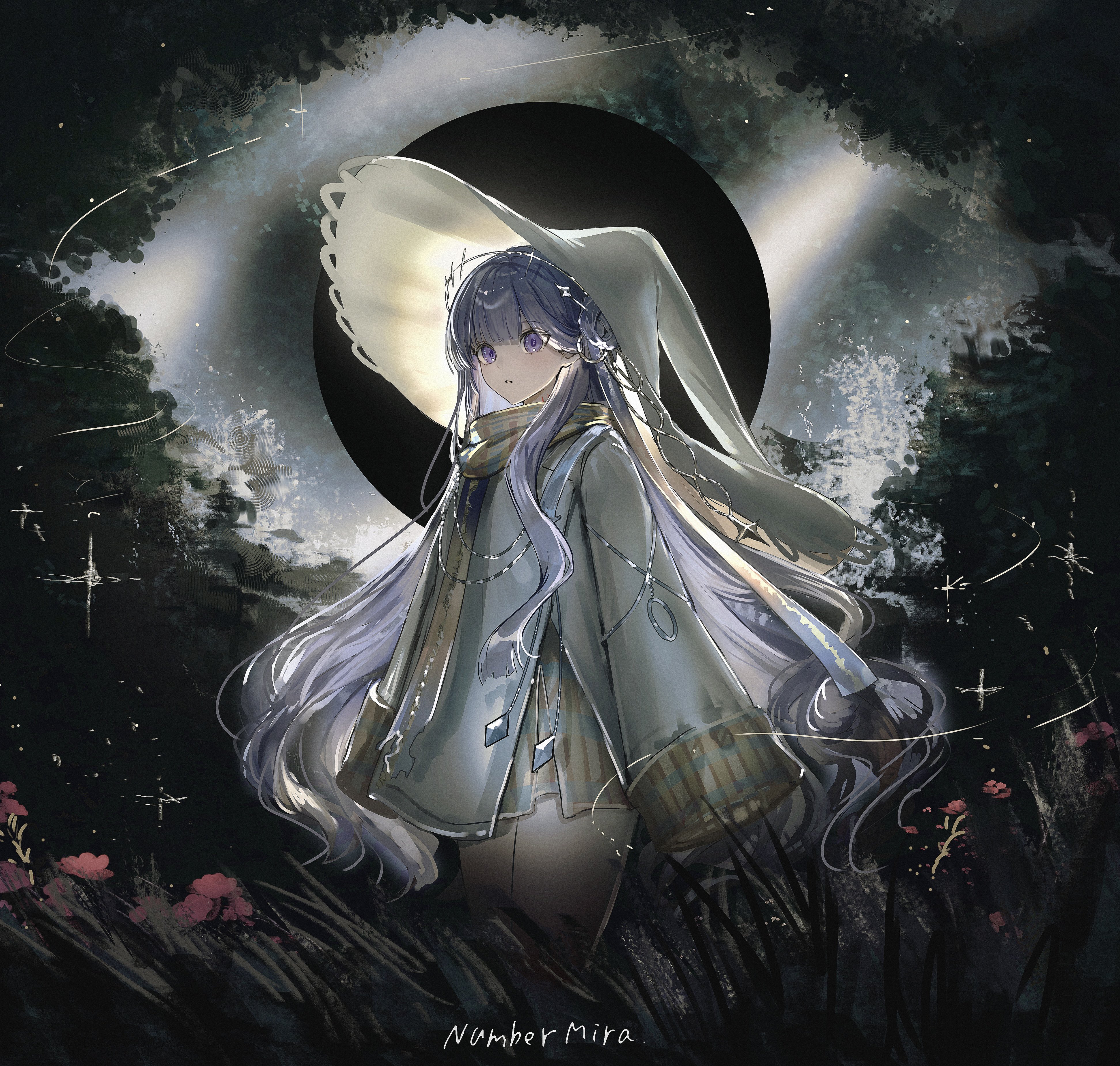 gawako, original, absurdres, highres, 1girl, bare legs, blunt bangs, flower, hair ornament, hair over shoulder, hat, jacket, large hat, long hair, long scarf, long sleeves, looking afar, night, parted lips, purple eyes, purple hair, red flower, scarf, solo, thighs, very long hair, white hat, white jacket, wide sleeves