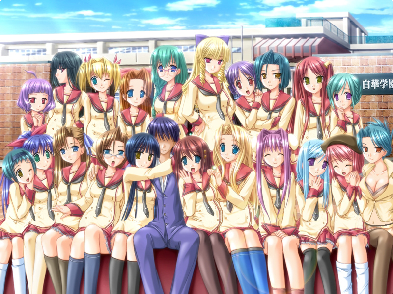 miyasu risa, squeez (artist), fujiwara sae, hikabe ruri, himemiya eiko, katase aki, kawase erina, kirisaki manaka, masaki honomi, mikami yuuko, mikihara satomi, minami arisa, minase sayaka, misaki wakana, miyamae konoka, nagai suzuka, narahashi kaede, ryuugasaki reika, sakai haruka, shinjou ayami, susie hamilton, tagami tatsuya, yumeno kanae, yuzuki hotaru, honoo no haramase tenkousei ue, annotated, game cg, 1boy, 6+girls, ahoge, aqua hair, beret, black hair, black socks, black thighhighs, blonde hair, blue eyes, blue hair, braid, breasts, brown eyes, brown hair, cleavage, closed eyes, cloud, couple, curly hair, day, drill hair, everyone, faceless, faceless male, formal clothes, glasses, green eyes, green hair, hair intakes, hair ribbon, hairband, hands on own hips, harem, hat, hug, kneehighs, large breasts, lineup, long hair, looking at viewer, looking over eyewear, loose socks, midriff, multiple girls, navel, necktie, one eye closed, open mouth, orange hair, outdoors, pantyhose, pimp, pink hair, ponytail, pregnant, purple eyes, purple hair, red hair, ribbon, school, school uniform, serafuku, short hair, short twintails, sitting, skirt, sky, smile, socks, super pimp, teacher, teacher and student, thighhighs, twin drills, twintails, wink, zettai ryouiki