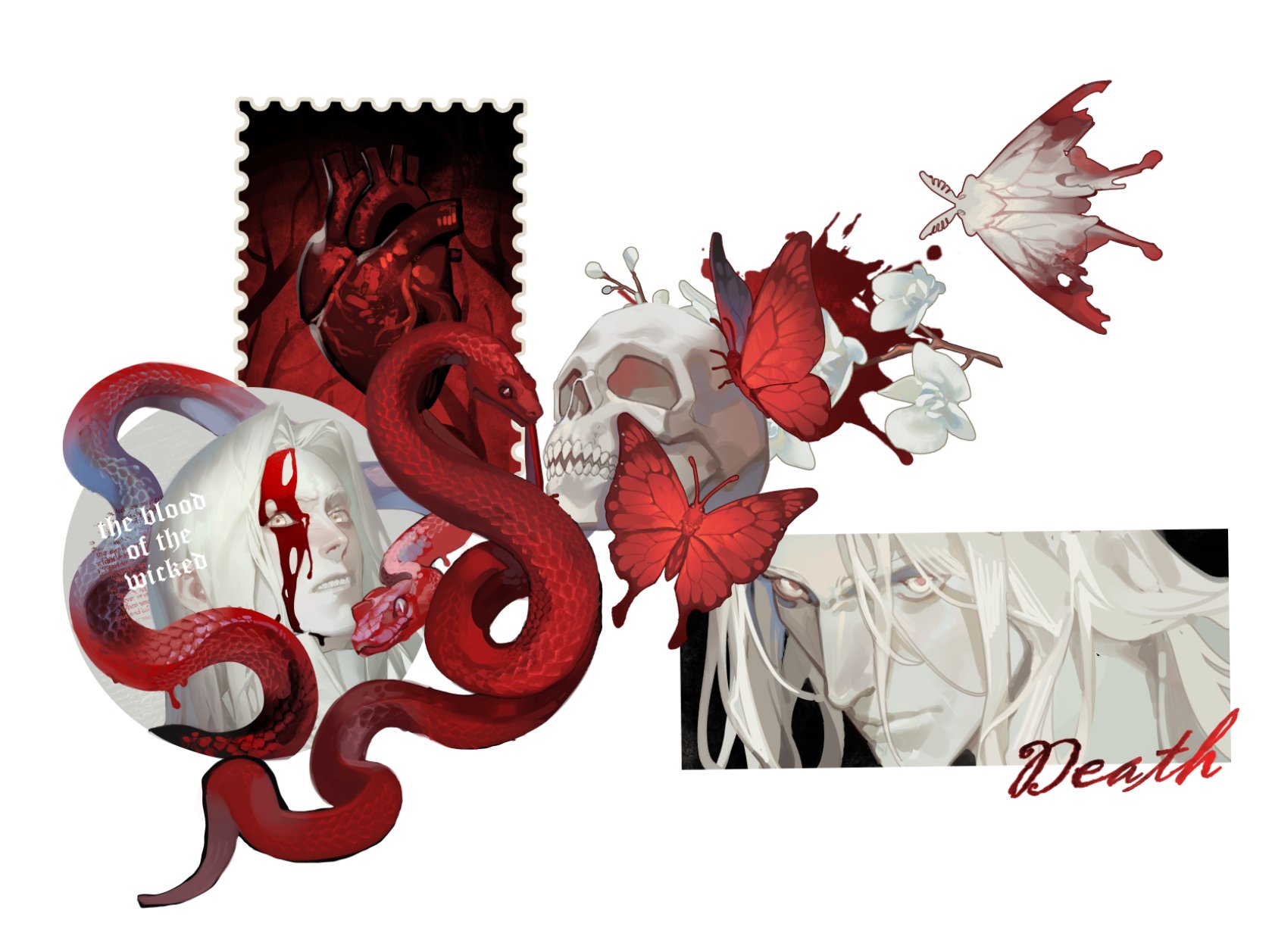 apostle2408, original, commentary, highres, 1boy, artist self-reference, blood, blood on face, branch, bug, butterfly, curtained hair, ears visible through hair, flower, heart (organ), insect, limited palette, male focus, multiple views, red butterfly, red snake, simple background, skull, snake, white background, white flower